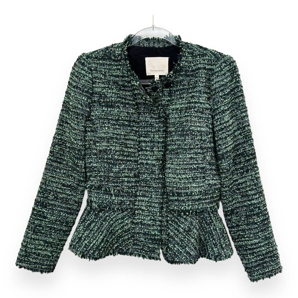 Rebecca Taylor Peplum Tweed Boucle Blazer Suit Jacket Green Black Size 4 - Picture 1 of 10